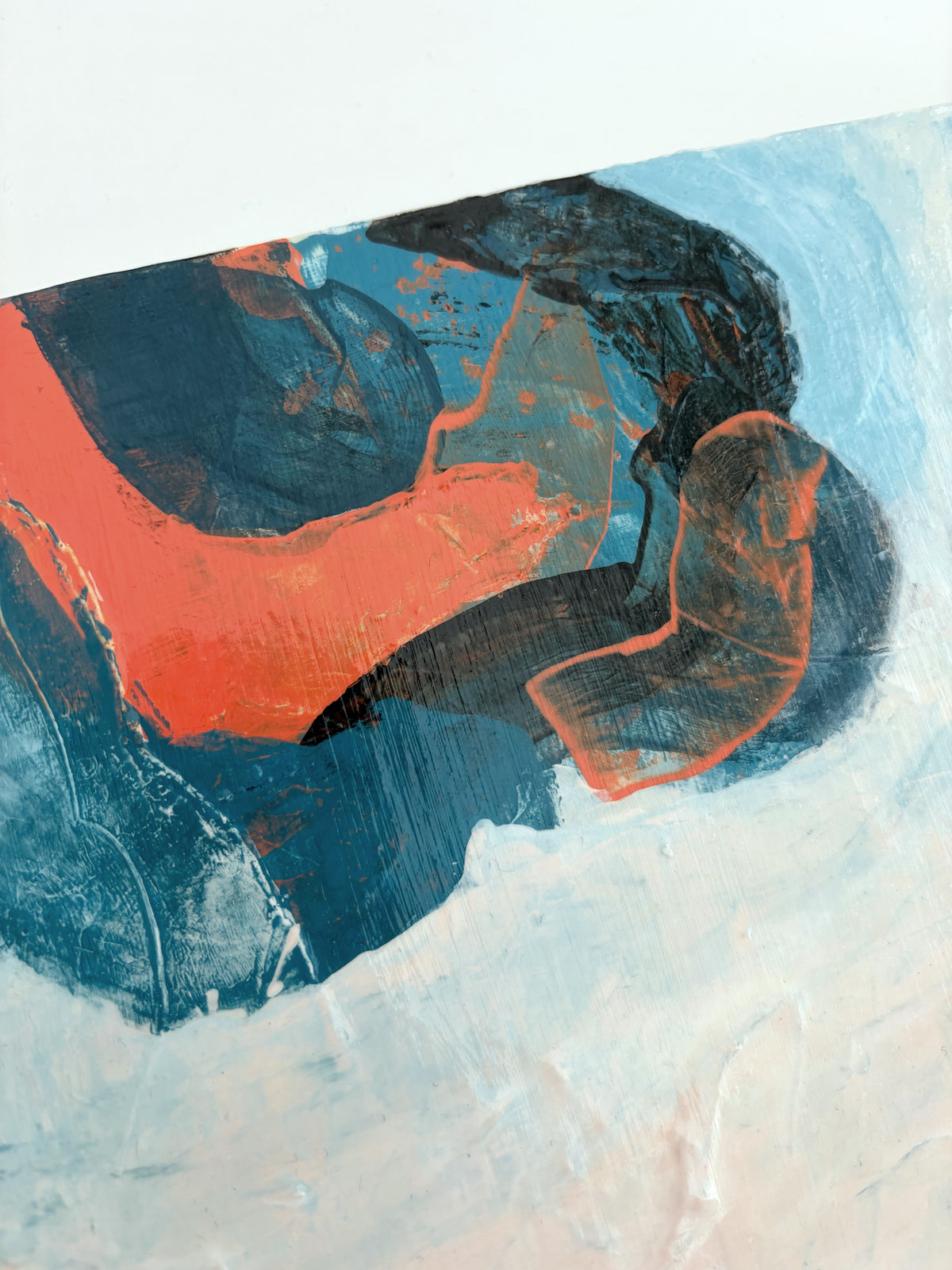 Abstract painting with expressive brushstrokes in dark blue, brown, orange, and pale blue on a white canvas.
