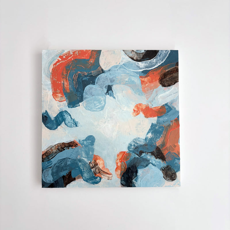 Original abstract acrylic painting "Everything, All At Once" from The Sublime Horizon collection, in pale blue, navy and burnt orange, by Rugby-based artist Olivia Miles