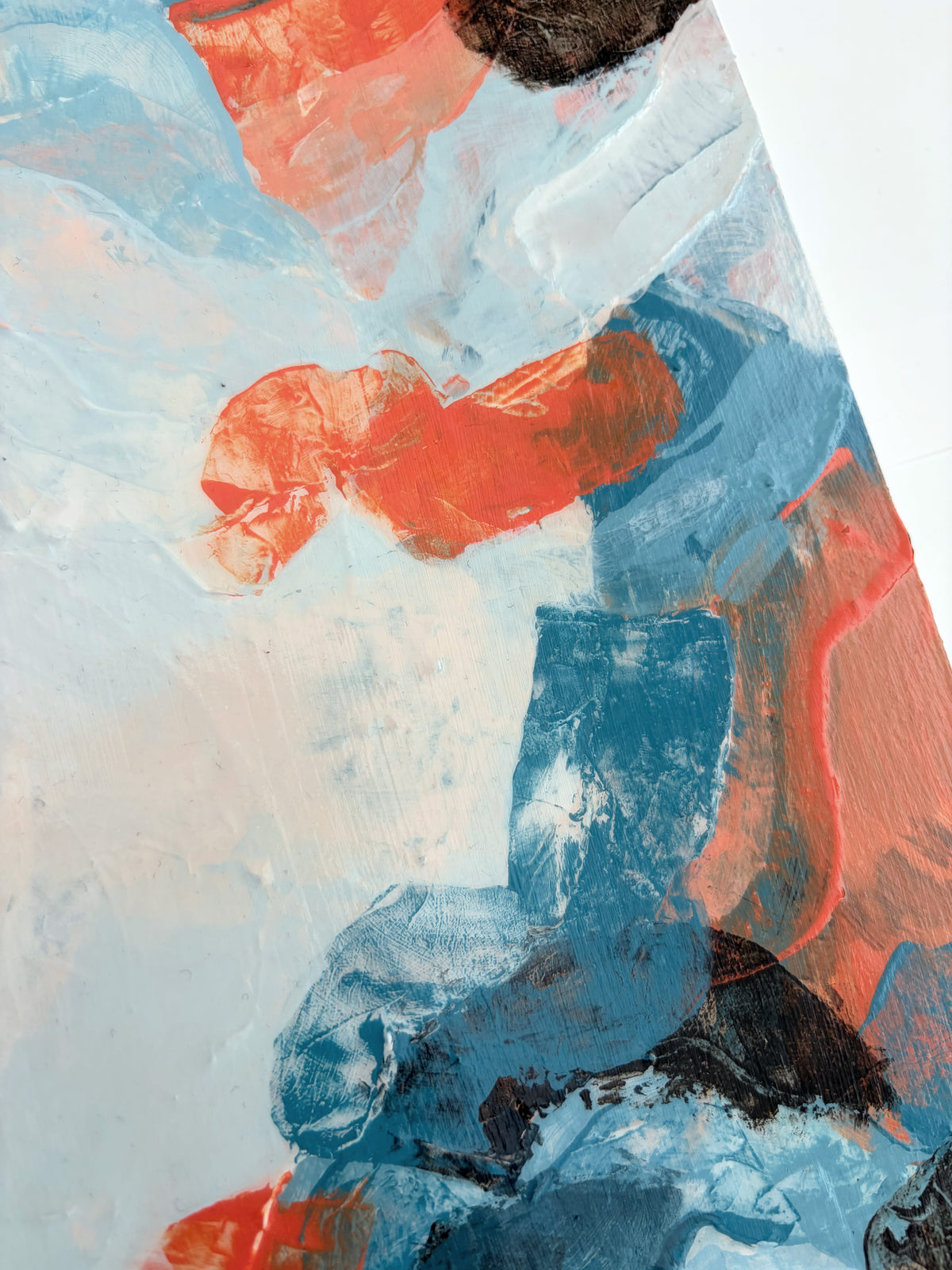 Abstract painting with expressive brushstrokes in light blue, white, orange, and dark blue, with a small dark brown area near the top.