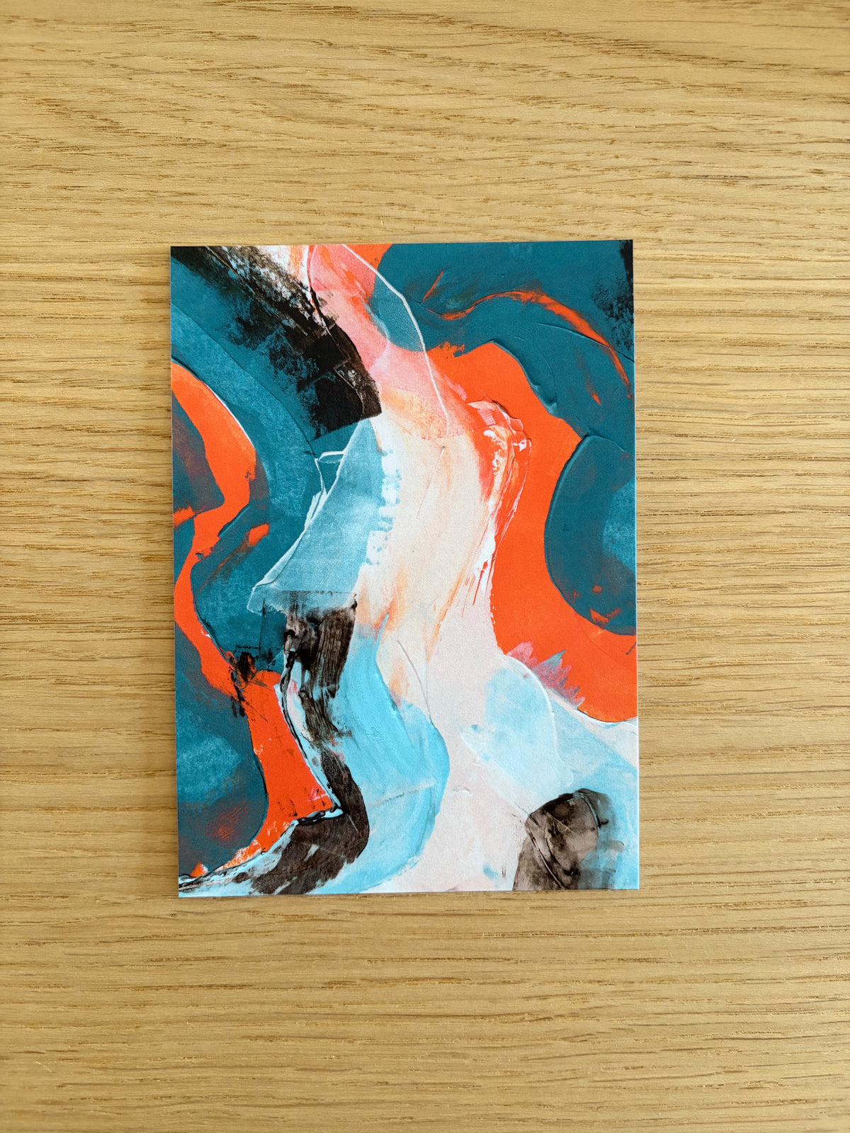 Sublime Horizon art postcard print in teal, coral pink and orange, by Rugby-based artist Olivia Miles