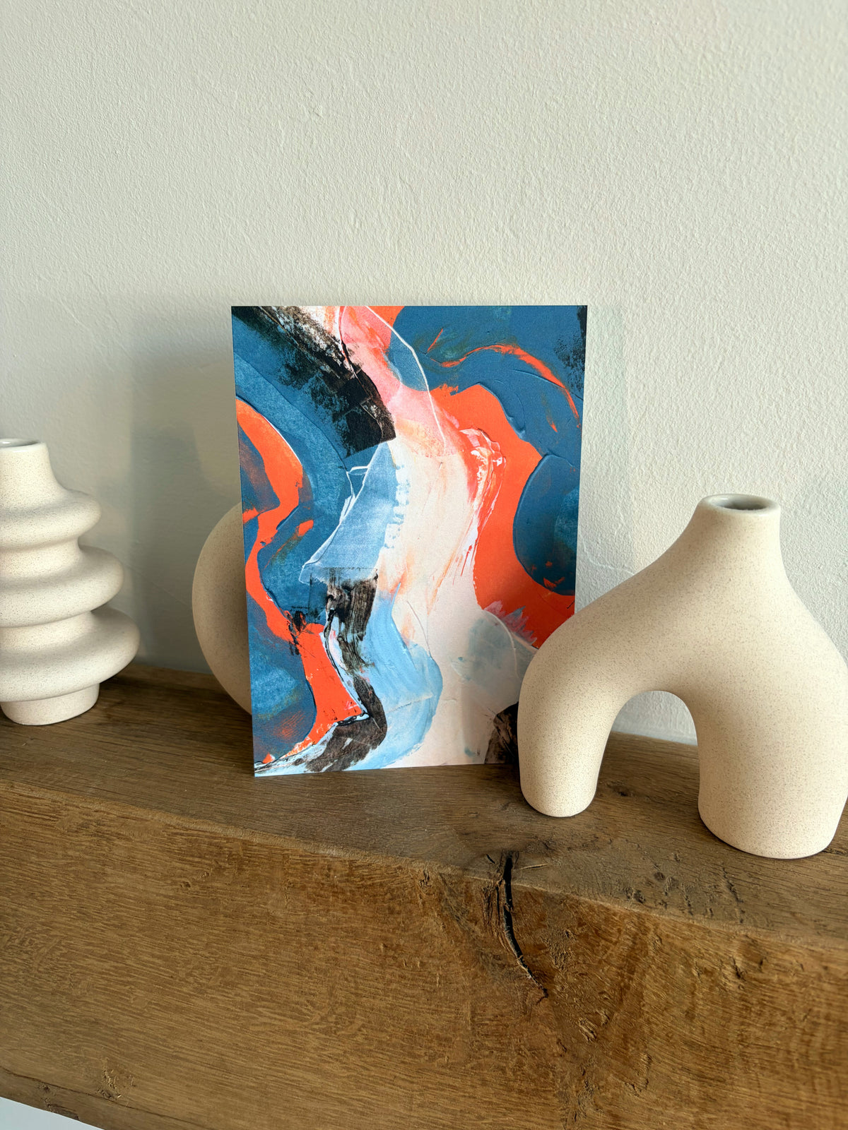 Sublime Horizon art postcard print in teal, coral pink and orange, by Rugby-based artist Olivia Miles