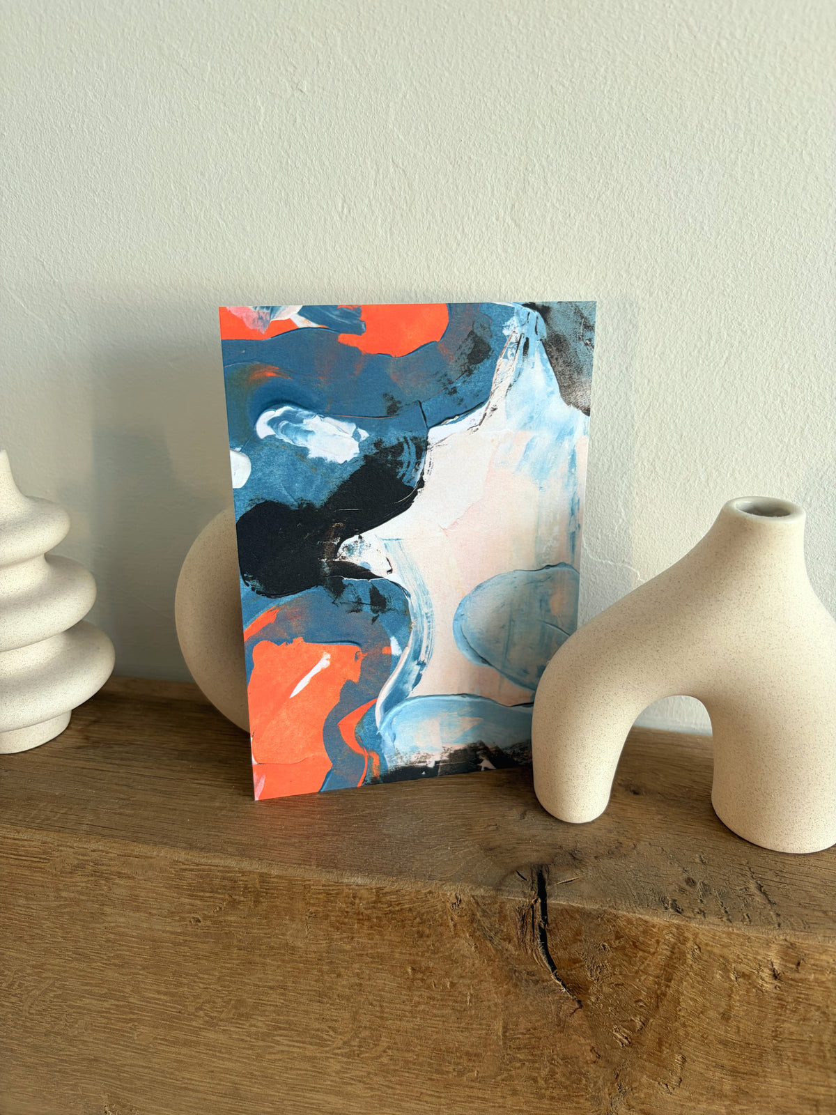 Sublime Horizon art postcard print in teal, black, blush and pale blue, by Rugby-based artist Olivia Miles