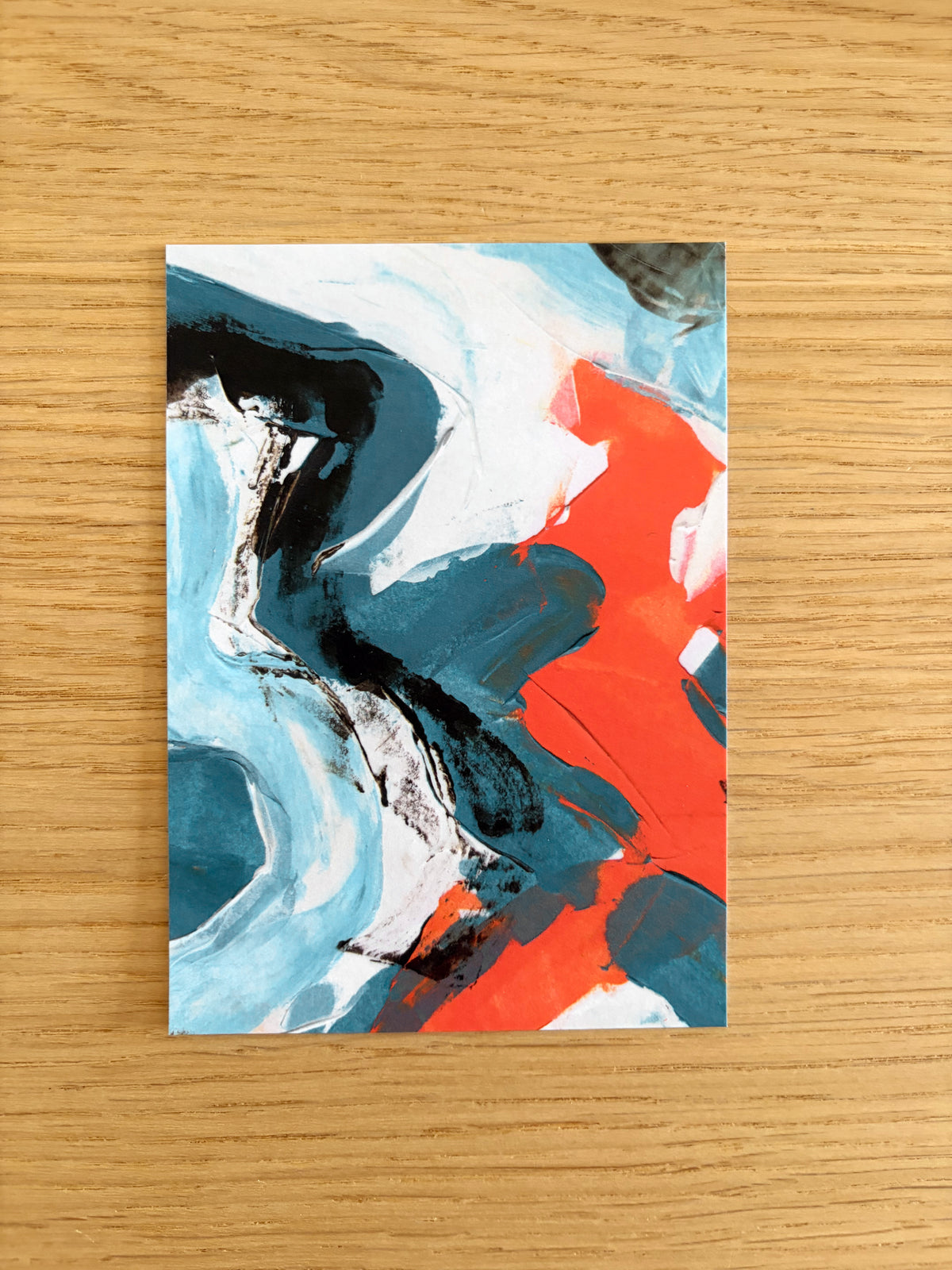 Sublime Horizon art postcard print in pale blue, white and vivid orange, by Rugby-based artist Olivia Miles