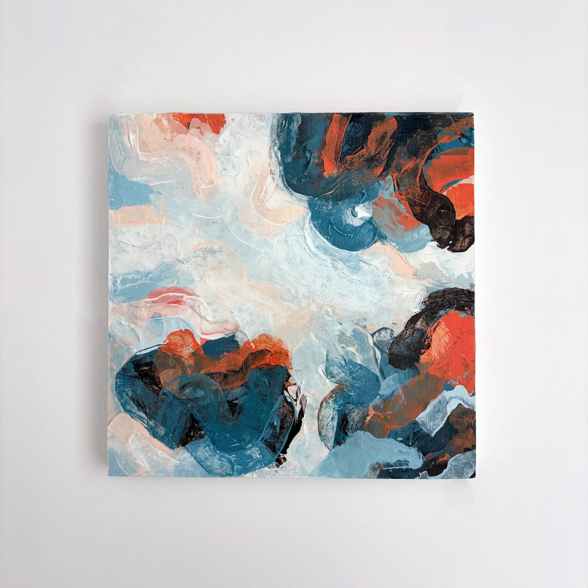Original abstract acrylic painting "The Calm Before" from The Sublime Horizon collection, in blush pink, pale blue and navy, by Rugby-based artist Olivia Miles