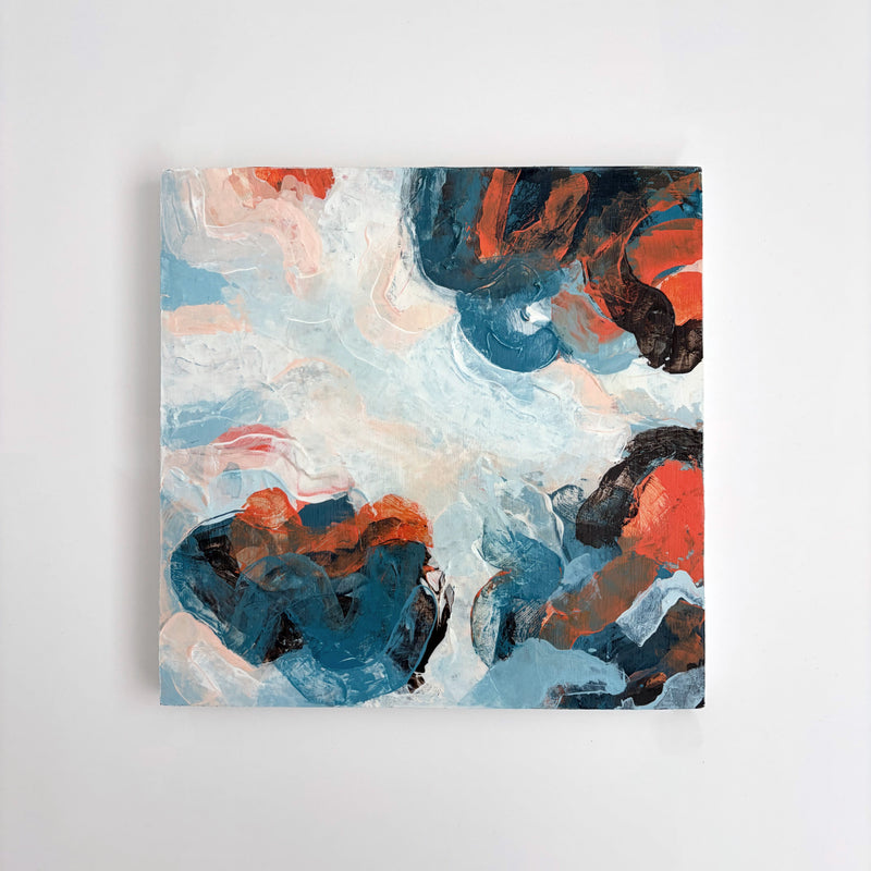 Original abstract acrylic painting "The Calm Before" from The Sublime Horizon collection, in blush pink, pale blue and navy, by Rugby-based artist Olivia Miles