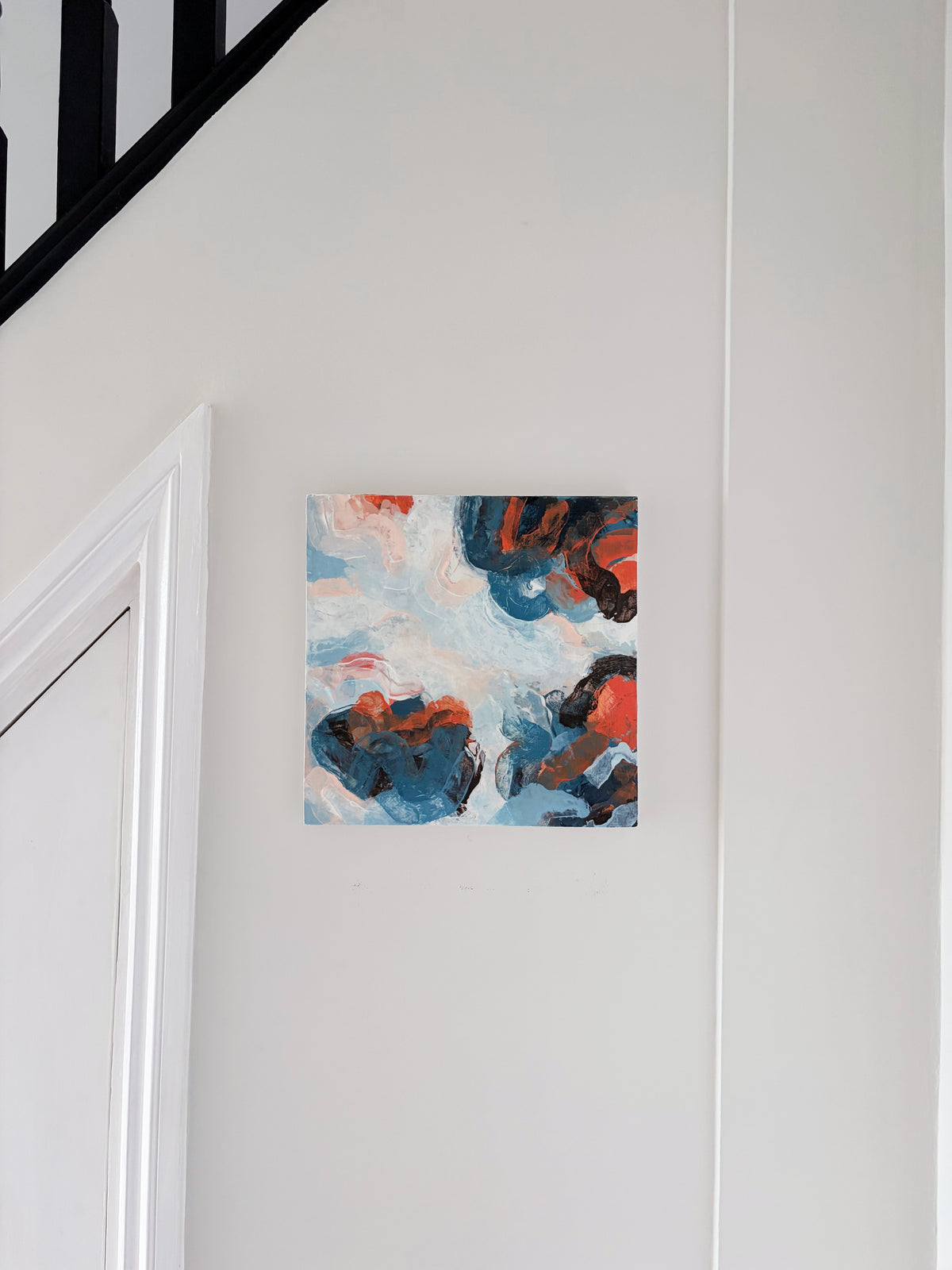 Original abstract acrylic painting "The Calm Before" from The Sublime Horizon collection, in blush pink, pale blue and navy, by Rugby-based artist Olivia Miles