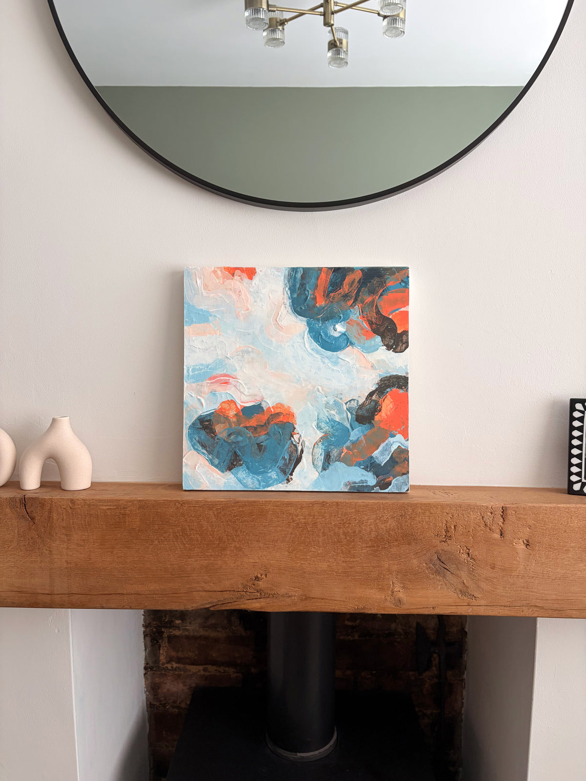 Original abstract acrylic painting "The Calm Before" from The Sublime Horizon collection, in blush pink, pale blue and navy, by Rugby-based artist Olivia Miles