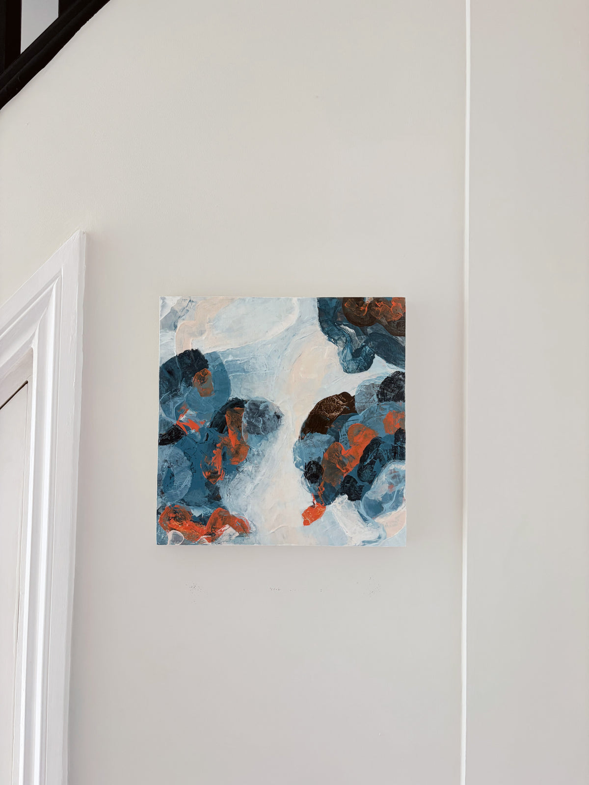 Original abstract acrylic painting "The Quiet After" from The Sublime Horizon collection, in navy, charcoal and burnt orange, by Rugby-based artist Olivia Miles