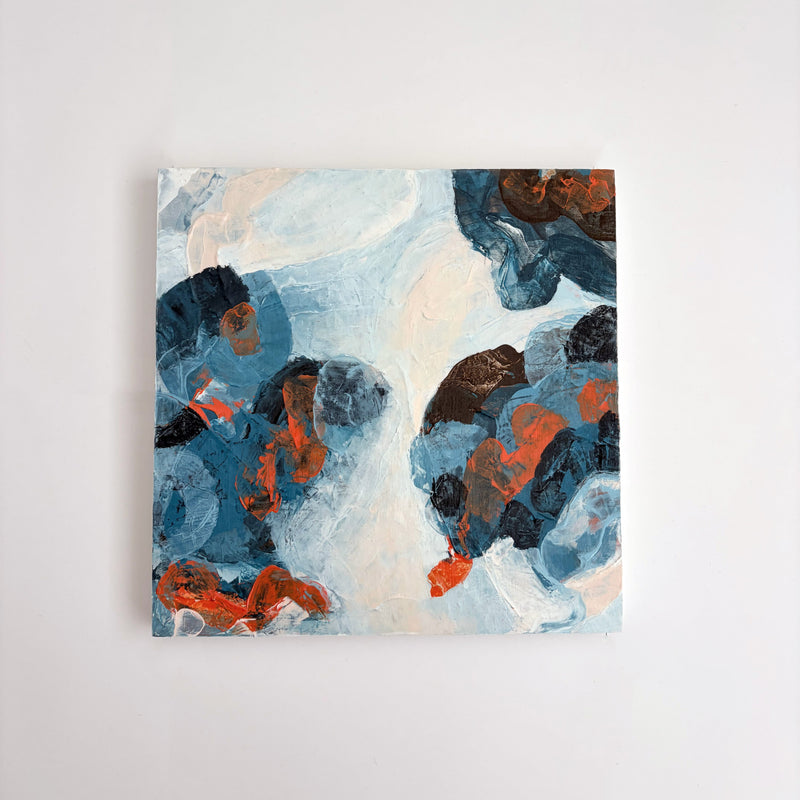 Original abstract acrylic painting "The Quiet After" from The Sublime Horizon collection, in navy, charcoal and burnt orange, by Rugby-based artist Olivia Miles