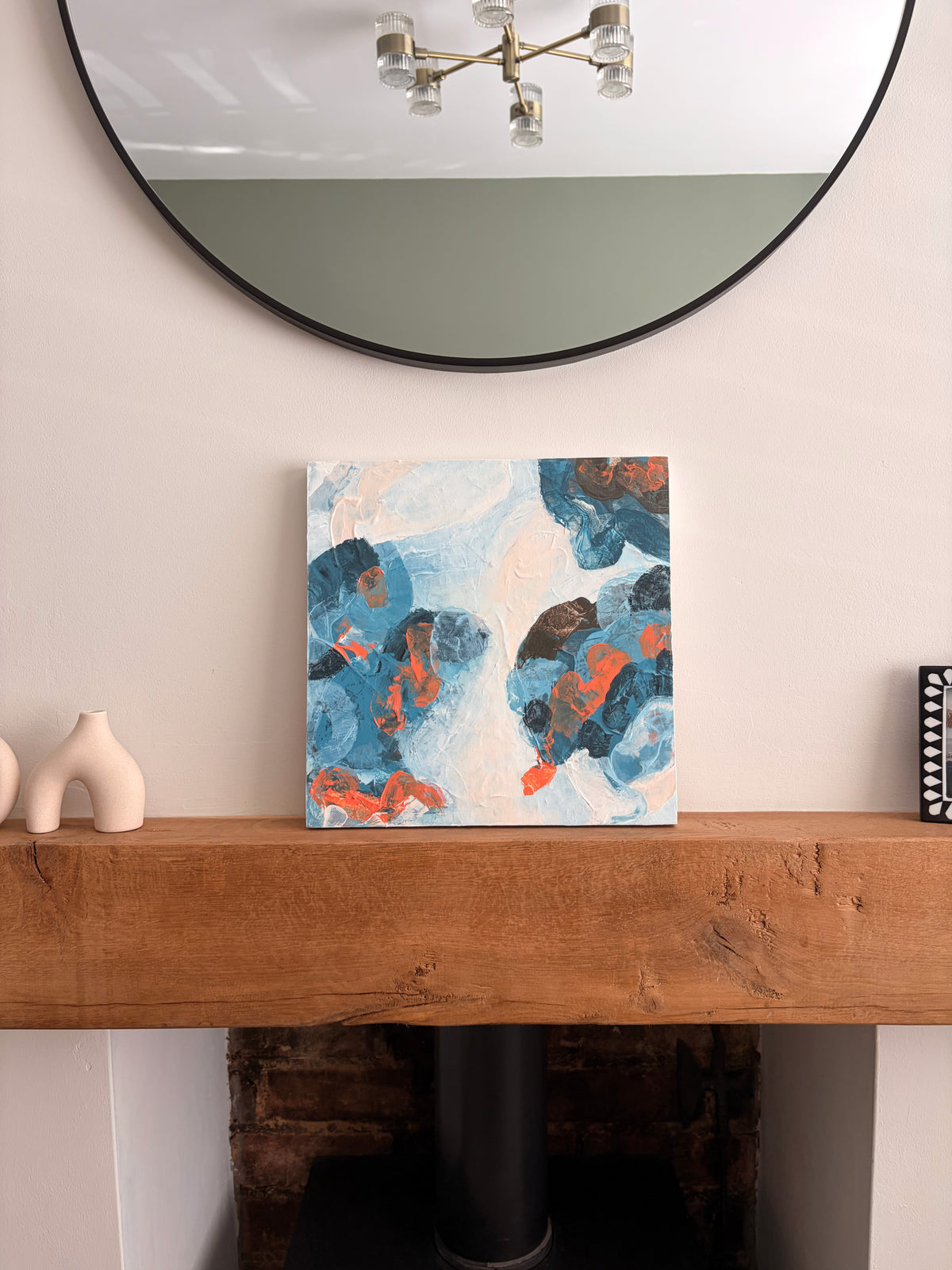 Original abstract acrylic painting "The Quiet After" from The Sublime Horizon collection, in navy, charcoal and burnt orange, by Rugby-based artist Olivia Miles