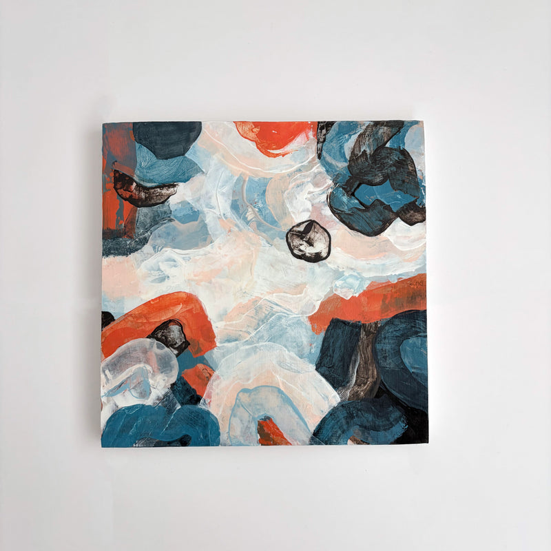 Original abstract acrylic painting "Under a Restless Sky" from The Sublime Horizon collection, in navy, charcoal and burnt orange on a pale ground, by Rugby-based artist Olivia Miles